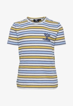 Stripet T-shirt med korte ærmer i lyseblå, gul og marineblå. Har en rund halsudskæring og et lille "hummel"-logo i marineblå på brystet.