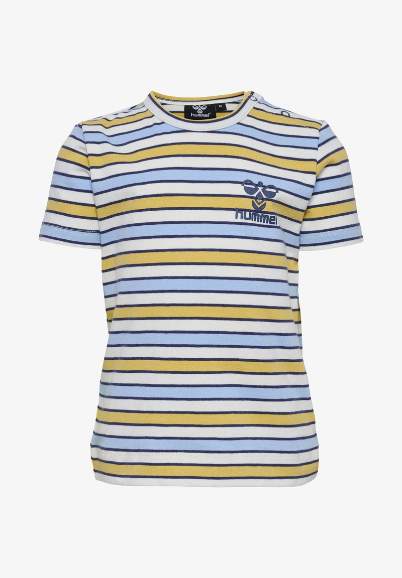 Stripet T-shirt med korte ærmer i lyseblå, gul og marineblå. Har en rund halsudskæring og et lille "hummel"-logo i marineblå på brystet.