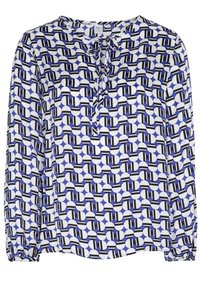 Blusa a maniche lunghe con collo a stringa, realizzata in tessuto leggero, caratterizzata da un motivo geometrico nei colori blu, nero e bianco.