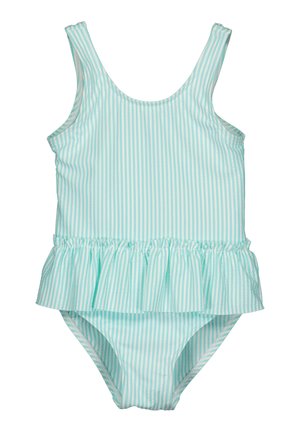 Jasnoniebieski i biały kostium kąpielowy w paski z falbanką w talii, z grubymi ramiączkami i gładkiego, elastycznego materiału.