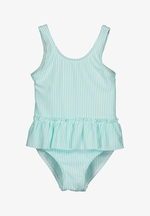 Jasnoniebieski i biały kostium kąpielowy w paski z falbanką w talii, z grubymi ramiączkami i gładkiego, elastycznego materiału.