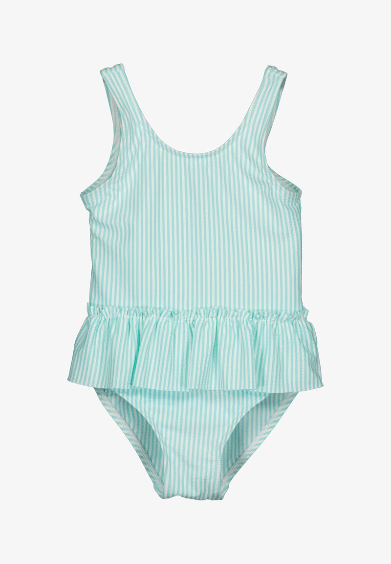 Maillot de bain rayé bleu clair et blanc avec un volant à la taille, doté de bretelles épaisses et d'un tissu lisse et extensible.