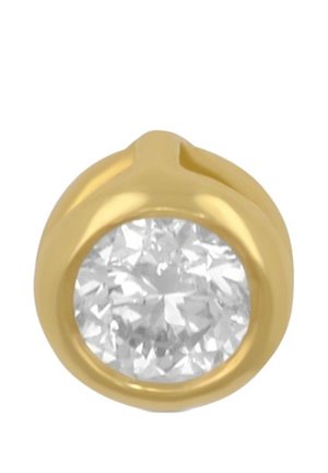 Goldfarbene Metallfassung um einen großen, runden, klaren Edelstein mit facettierter Oberfläche, der Klarheit und Brillanz anzeigt.