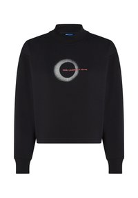Fekete, rövidített pulóver magas gallérral, kör alakú grafikával és piros "KARL LAGERFELD JEANS" felirattal. Puha anyag és bordázott mandzsetták.