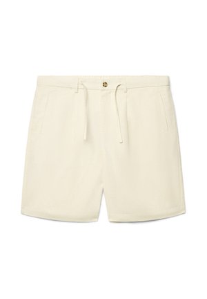 Beige Freizeit-Shorts mit Frontknopf, Kordelzug, Gürtelschlaufen und Seitentaschen, gezeigt auf weißem Hintergrund.