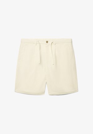 Beige casual shorts with front button, drawstring, belt loops, and side pockets, displayed on a white background.