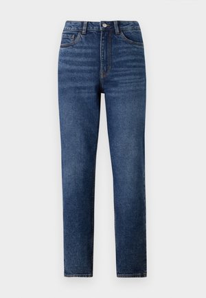 Höga blå denimjeans med rak ben, med subtila slitningar, enkel knappknäppning och femfickorsdesign.