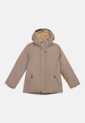 Beige hooded winter jacket with front zipper, snap buttons, and two side pockets on a white background.