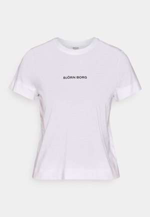 Camiseta blanca de algodón con mangas cortas, con un logo negro "BJÖRN BORG" centrado en el frente. Cuello redondeado y ajuste estándar.