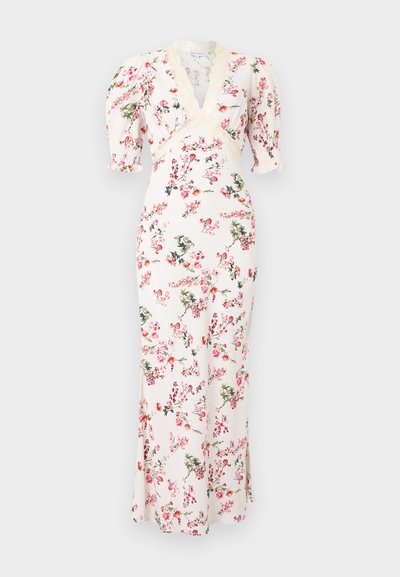 Λευκό μάξι φόρεμα με ροζ και πράσινο λουλουδάτο σχέδιο, V-λαιμόκοψη, δαντέλα στο τελείωμα και μανίκια με φουσκωτό μισό μήκος.