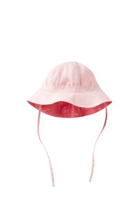 Cappello a secchiello in cotone rosa con un ampio bordo, dotato di una fodera interna a fantasia e cinturini per assicurarlo in modo sicuro.