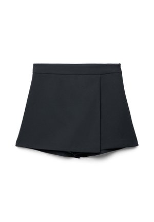 Pantaloncini neri plissettati con una cintura aderente, caratterizzati da una texture liscia e una silhouette svasata, progettati per un aspetto su misura.