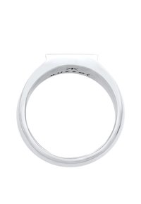 Silver ring with a flat top, smooth surface, rounded band, and engraved logo inside. Minimalist design focuses on simplicity.