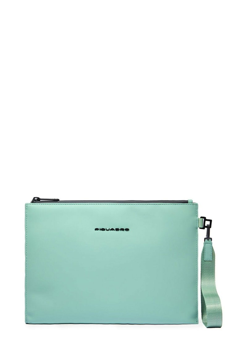 Borsa clutch verde menta con chiusura a zip, dalla texture liscia, con cerniera nera e tracolla removibile. Logo mostrato sul davanti.