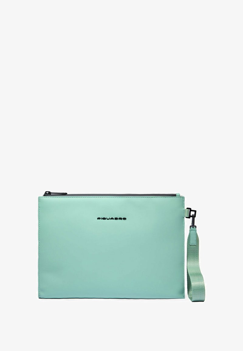 Borsa clutch verde menta con chiusura a zip, dalla texture liscia, con cerniera nera e tracolla removibile. Logo mostrato sul davanti.