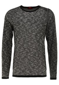 Pull à manches longues dans un motif marbré noir et gris, doté d'un col rond et de poignets noirs. Fabriqué en tissu tricoté texturé.