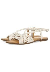 Sandalias planas trenzadas blancas con diseño de punta abierta, que presentan tiras trenzadas y cierre con hebilla. Material de cuero suave con plantilla color tostado.