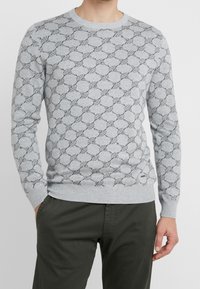 Maglione grigio chiaro con un motivo testurizzato di cerchi e linee nere, scollo rotondo, maniche lunghe e polsini e orlo a coste.