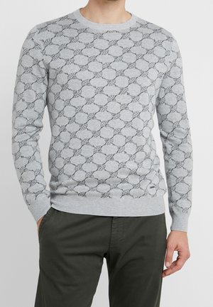 Light gray sweater with a textured pattern of black circles and lines, round neckline, long sleeves, and ribbed cuffs and hem.