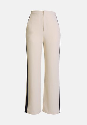 Cream-colored wide-leg trousers with navy side stripes, featuring a sleek design and clean lines, made from smooth fabric.