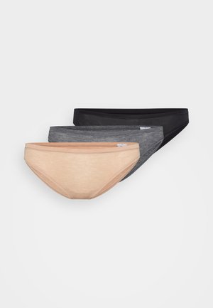 Three women’s bikini-style underwear in beige, gray, and black, stacked and centered on a plain white background.