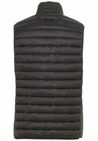 Chaleco sin mangas acolchado negro con un alto cuello y costuras horizontales, visto desde la parte posterior.