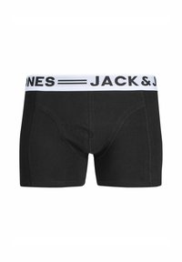 Schwarze Baumwoll-Boxershorts mit einem weißen elastischen Bund, auf dem "JACK & JONES" in schwarzer Schrift steht, entworfen für eine enge Passform.