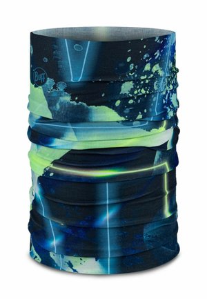 Braga de cuello tubular sin costuras con patrón abstracto de manchas y rayas en azul, negro y verde neón, y pequeño logo de Buff.