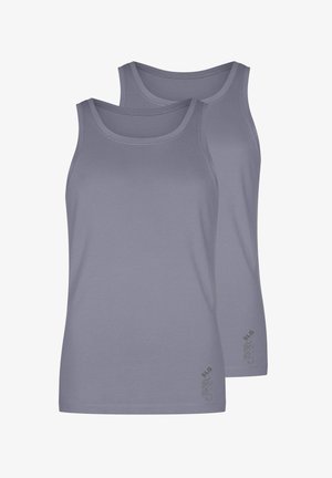 Two gray tank tops made of soft fabric, featuring a classic sleeveless design, round necklines, and subtle logo detailing at the bottom.