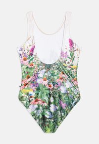 Enkeltstående badedrakt med blomstermønster som har rosa, lilla og hvite blomster, laget av et elastisk, glatt stoff. Enkle hvite stropper.