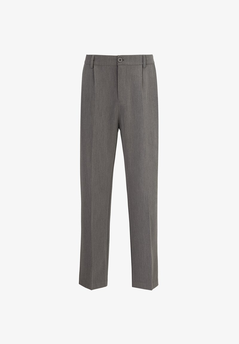 Grau maßgeschneiderte Hose mit flachem Frontdesign, zwei seitlichen Taschen und einem einzelnen Knopfverschluss. Der Stoff hat eine feine Textur und ein dezentes Muster.