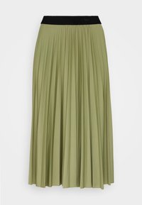 Falda midi con plisados en un suave verde oliva, con un cinturón ancho negro. Fabricada en un tejido suave, presenta plisados verticales para añadir textura.