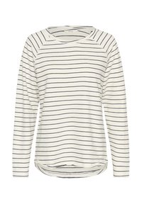 Pika varrukaga kreemikas top tumesiniste triipudega, ümar kaelusega ja kergelt ümardatud hemliga. Pehme kangas ja mugav lõige.