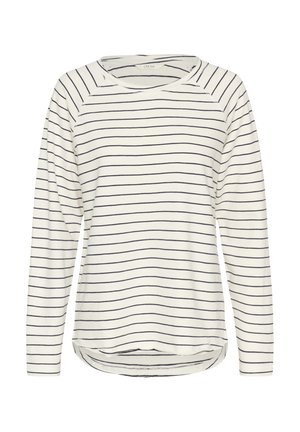 Haut à manches longues couleur crème avec des rayures bleu marine, doté d'un col rond et d'un ourlet légèrement arrondi. Tissu doux avec une coupe décontractée.