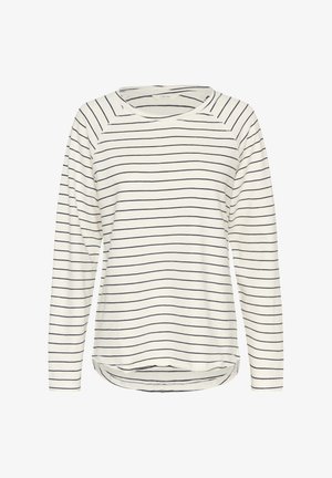 Krémszínű hosszú ujjú felső tengerészkék csíkokkal, kerek nyakkivágással és enyhén lekerekített szegéllyel. Puha anyagból készült, laza szabású.