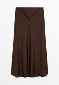 Gonna marrone di lunghezza media con una leggera svasatura, tessuto liscio e drappeggio sottile al centro superiore.