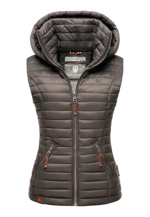 Hooded, sleeveless vest in dark gray, featuring quilted texture, two zippered pockets, and brown leather accents on zippers and hem.