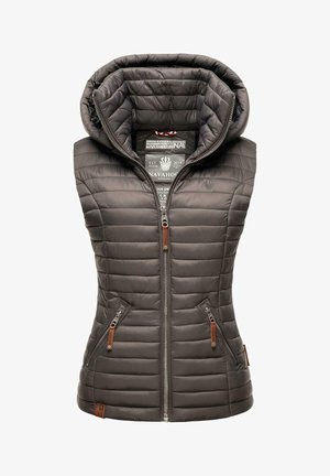 Capuchonloze, mouwloze vest in donkergrijs, met een geborduurde textuur, twee ritstasjes en bruin leren accenten op de ritsen en de zoom.