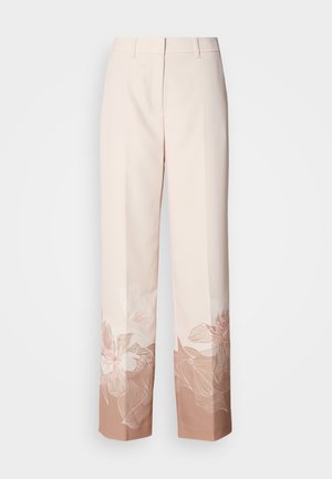 Hellrosa, weit geschnittene Hosen mit Blumenmuster in Pfirsichtönen am Saum. Hergestellt aus glattem Stoff mit maßgeschneidertem Design und ohne sichtbare Verschlüsse.