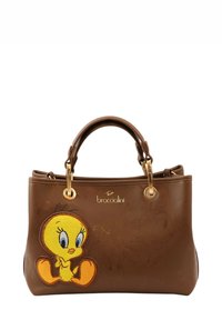 Borsa sintetica marrone con finitura testurizzata, hardware dorato e design ricamato di Tweety Bird sulla parte anteriore.