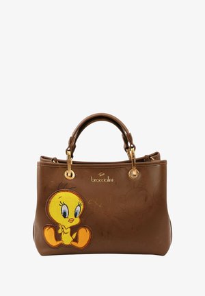 Borsa sintetica marrone con finitura testurizzata, hardware dorato e design ricamato di Tweety Bird sulla parte anteriore.
