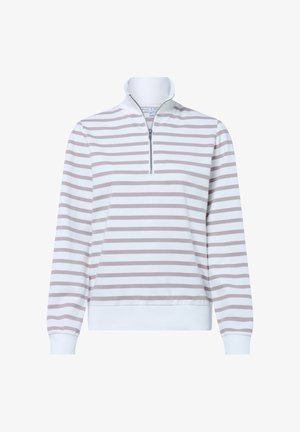Long-sleeve pullover made of cotton, featuring a quarter-zip collar, light pink and white stripes, and a ribbed hem and cuffs.