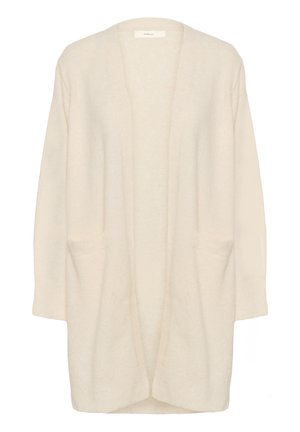 Kremowy, otwarty kardigan wykonany z miękkiej, teksturowanej tkaniny; posiada dwie przednie kieszenie oraz długie rękawy z prążkowanymi ściągaczami.