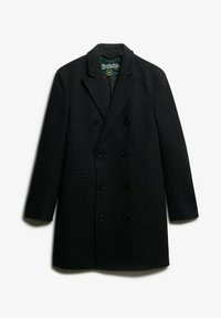 Manteau noir en laine à double boutonnage avec un col cranté, des poches avant et six boutons. Intérieur doublé avec une finition texturée.
