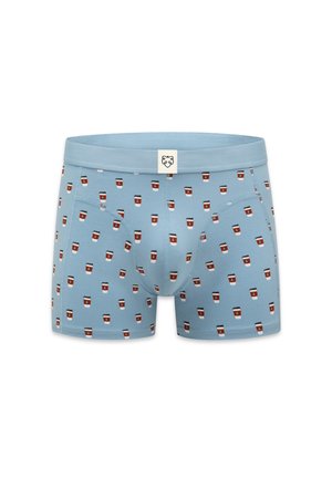 Svetlomodré boxerky s opakujúcim sa vzorom malých šálok kávy a bielou visačkou na páse s jednoduchým logom usmievajúcej sa tváre.