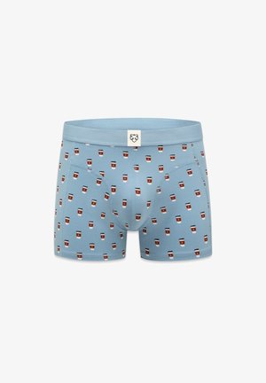 Light blue boxer briefs with a repeating pattern of small coffee cups and a white waistband tag featuring a simple smiling face logo.
