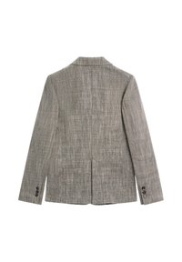 Grå blazer med tekstureret stof, enkelt slidse bagpå og fireknaps manchetter. Har en klassisk revers med hakket knaphul.