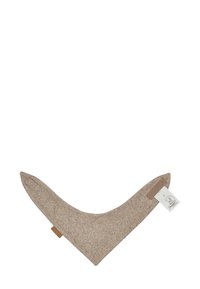 Braunes filzartiges Dekorationsstück, V-förmig mit spitzen Enden, auf einer Seite mit einem Stoffetikett versehen. Die glatte Textur sorgt für ein einheitliches Erscheinungsbild.