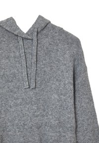 Felpa con cappuccio grigia lavorata a maglia, realizzata in tessuto morbido, con lacci al collo, orlo a coste e finitura testurizzata.