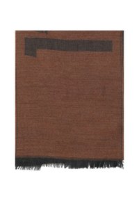 Sciarpa marrone intrecciata con superficie testurizzata, bordi neri con frange e un delicato motivo geometrico scuro lungo la parte superiore.